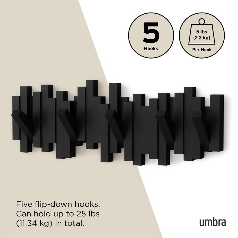 Umbra Sticks Wall-Mounted Coat Rack Rail Hook with 5 Retractable Pegs â€“ Modern, Space-Saving Storage Organizer, Black - Image 5